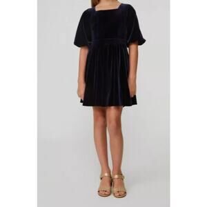 BARDOT Girl's Wynter Velour Dress Size 16 Navy Blue Short Puff Sleeve NWT